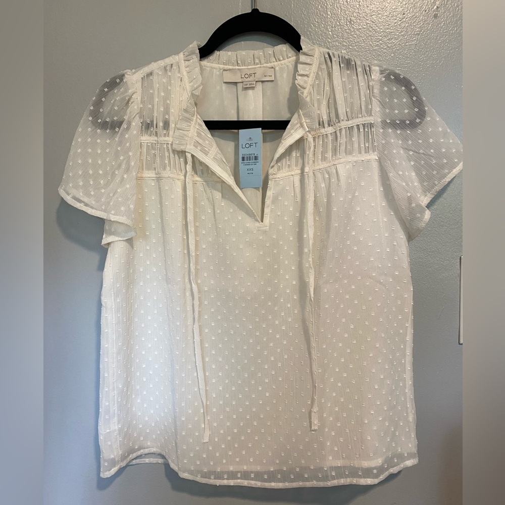 Loft Petite Clip Ruched Ruffle Tie Neck Top